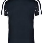 Black short-sleeve t-shirt with white stripes on the shoulders and sides, photographed front view.
