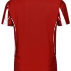 Back view of a red short-sleeve sports shirt with white accents on the sleeves and sides.