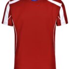 Red short-sleeve athletic shirt with white stripes on the shoulders and sleeves.