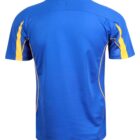 Blue short-sleeve sports shirt with yellow accents, shown from the back.