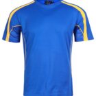 Blue short-sleeve athletic shirt with yellow stripes on the shoulders and sides.