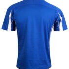 Blue short-sleeve athletic shirt with white side accents, shown from the back.