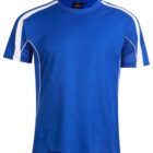 Blue short-sleeve athletic shirt with white stripes on shoulders and sides.