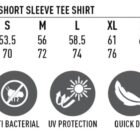 Sizing chart and features for mens short sleeve tee: TrueDry, UV, antibacterial, easy care.