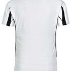 Back view of a plain white short-sleeve shirt with black accents on the sides and sleeves.
