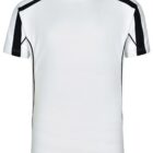 White short-sleeve t-shirt with black shoulder and sleeve stripe accents.