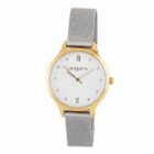 A silver mesh strap watch with a gold case and a white face showing ungaro.
