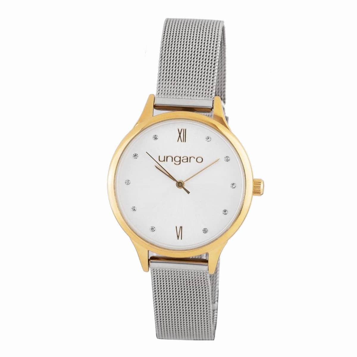 A silver mesh strap watch with a gold case and a white face showing ungaro.
