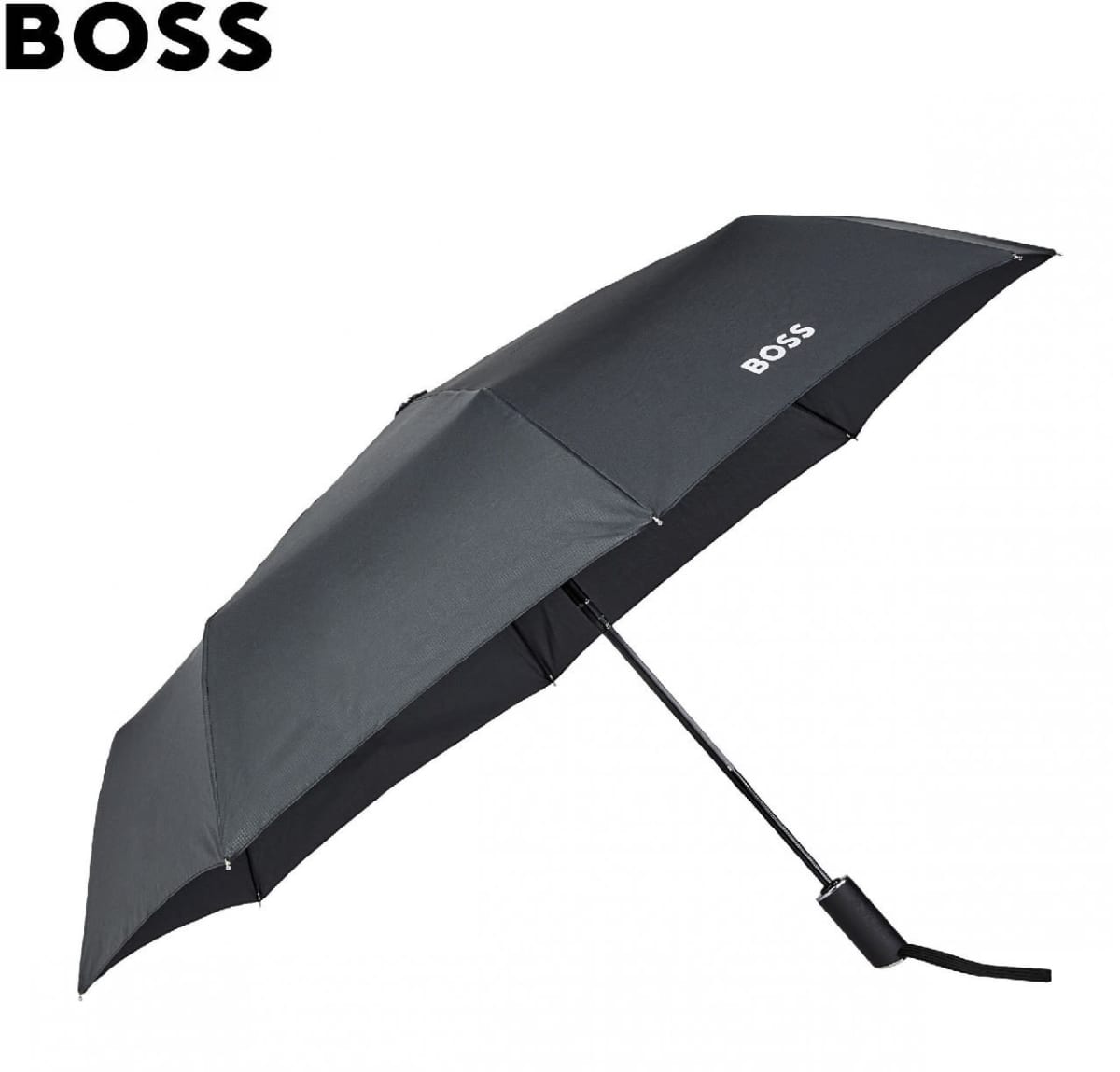 Black BOSS umbrella with a straight handle and the BOSS logo on the canopy.