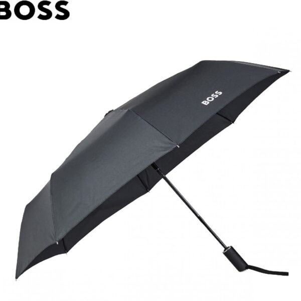 Black BOSS umbrella with white logo on the canopy, shown against a white background.