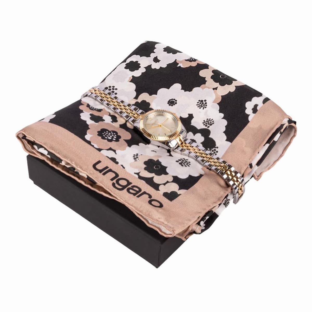 Floral patterned Ungaro scarf with a gold watch, placed on a black box.