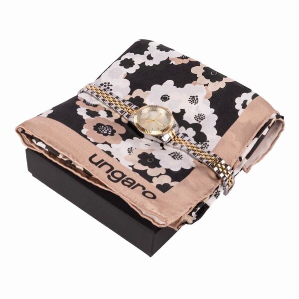 Floral scarf and watch gift set, with ungaro branding, on a black box.