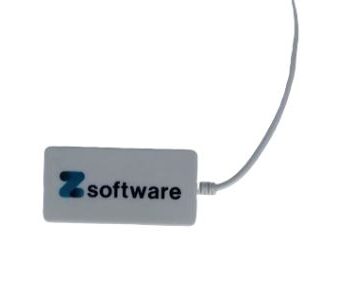 A white rectangular device labeled Z software with a cable attached.