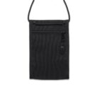 Black fabric neck pouch with front zipper pocket on a white background.