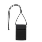 A black neck pouch with an adjustable strap and a front flap closure.