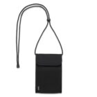 Black fabric neck pouch with adjustable strap and flap closure against white background.