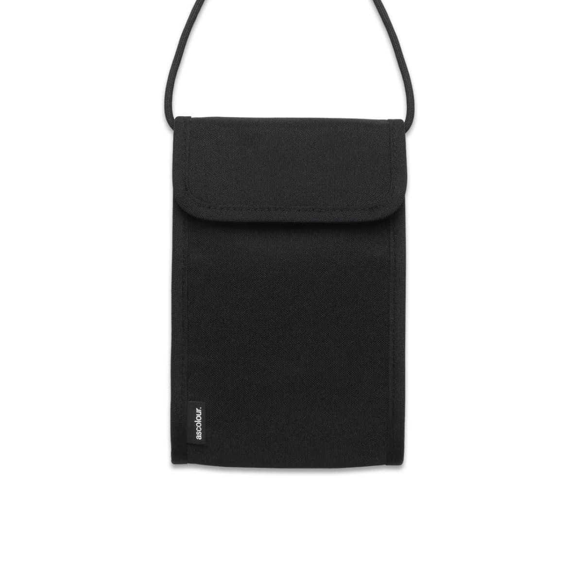 Black fabric neck pouch with flap closure and small tag, isolated on a white background.