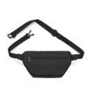 A black waist bag with an adjustable strap and a front zipper pocket.
