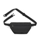 Black fanny pack with zipper and adjustable strap, laid flat on a white background.