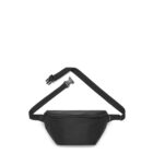 Black waist bag with an adjustable strap and clasp buckle, shown on a white background.