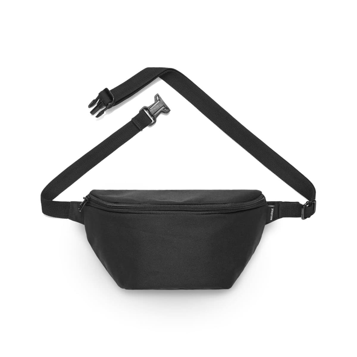 A black waist bag with an adjustable strap and buckle, shown on a white background.