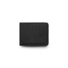 A closed black fabric wallet on a white background.