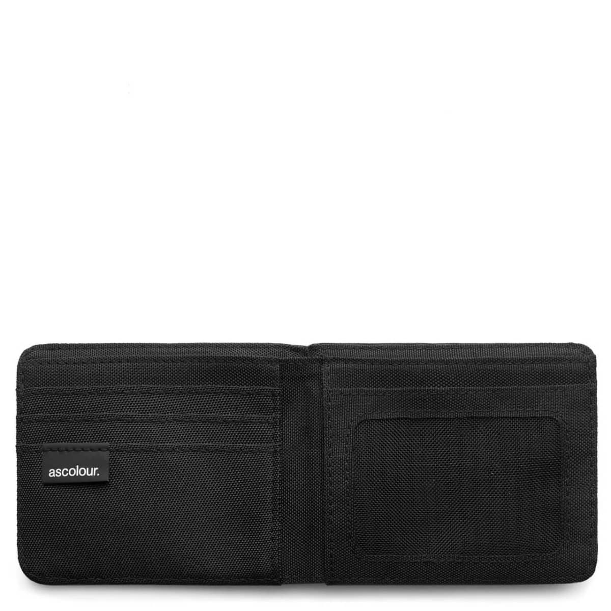Black fabric wallet open to show card slots, ID window, and ascolour. label inside.