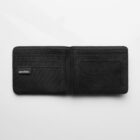 Open black fabric wallet with card slots and a clear ID window on a white background.
