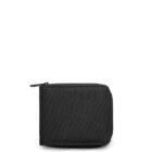 Black zippered square wallet standing upright against a white background.