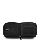 Open black zippered wallet with card slots and a mesh ID window, viewed from above.