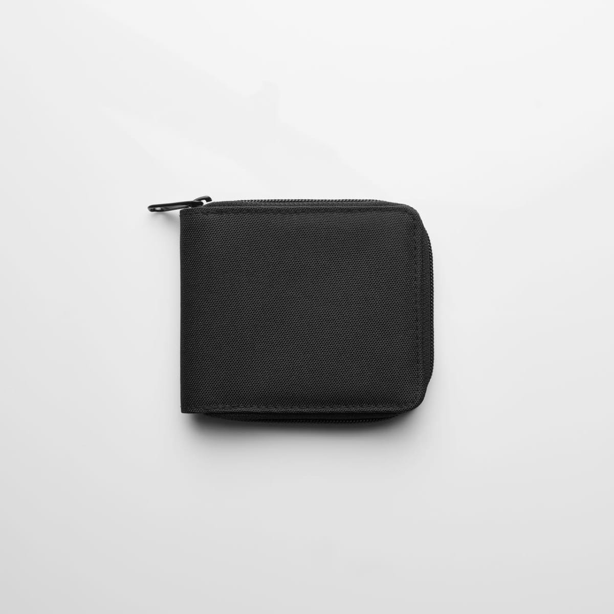 Black zippered wallet on a plain white background.
