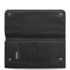 Black fabric wallet with snap buttons, open to show interior pocket and mesh ID window.