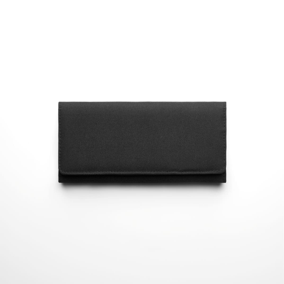 A black rectangular wallet on a white background.