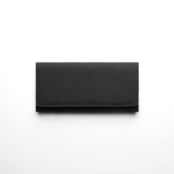 A black rectangular wallet on a white background.