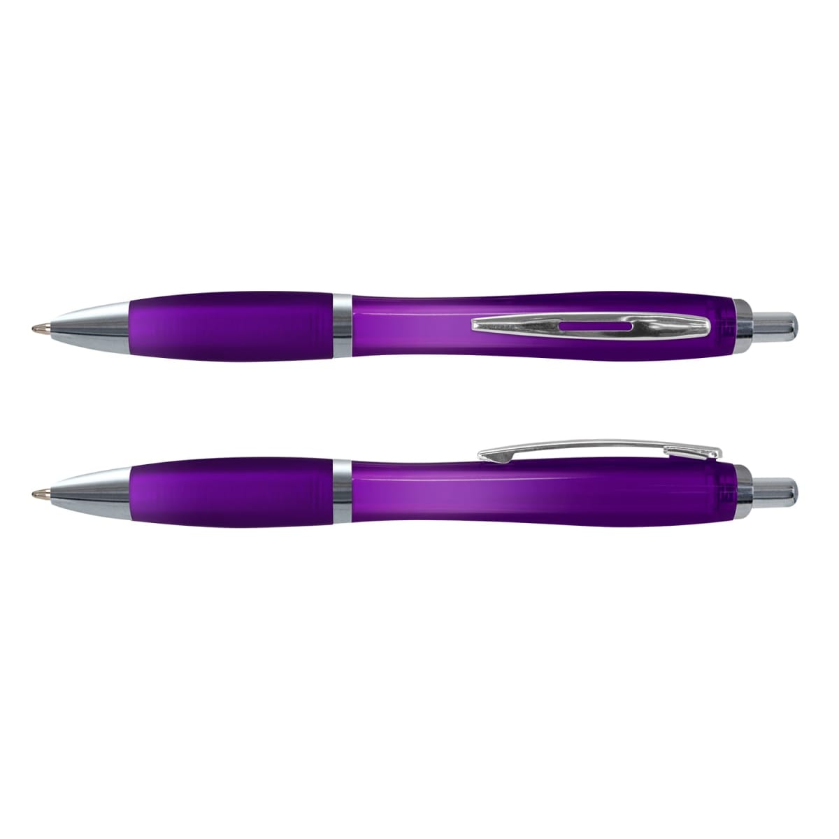 Two translucent Vistro Pens in purple with silver accents, shown from top and side views.