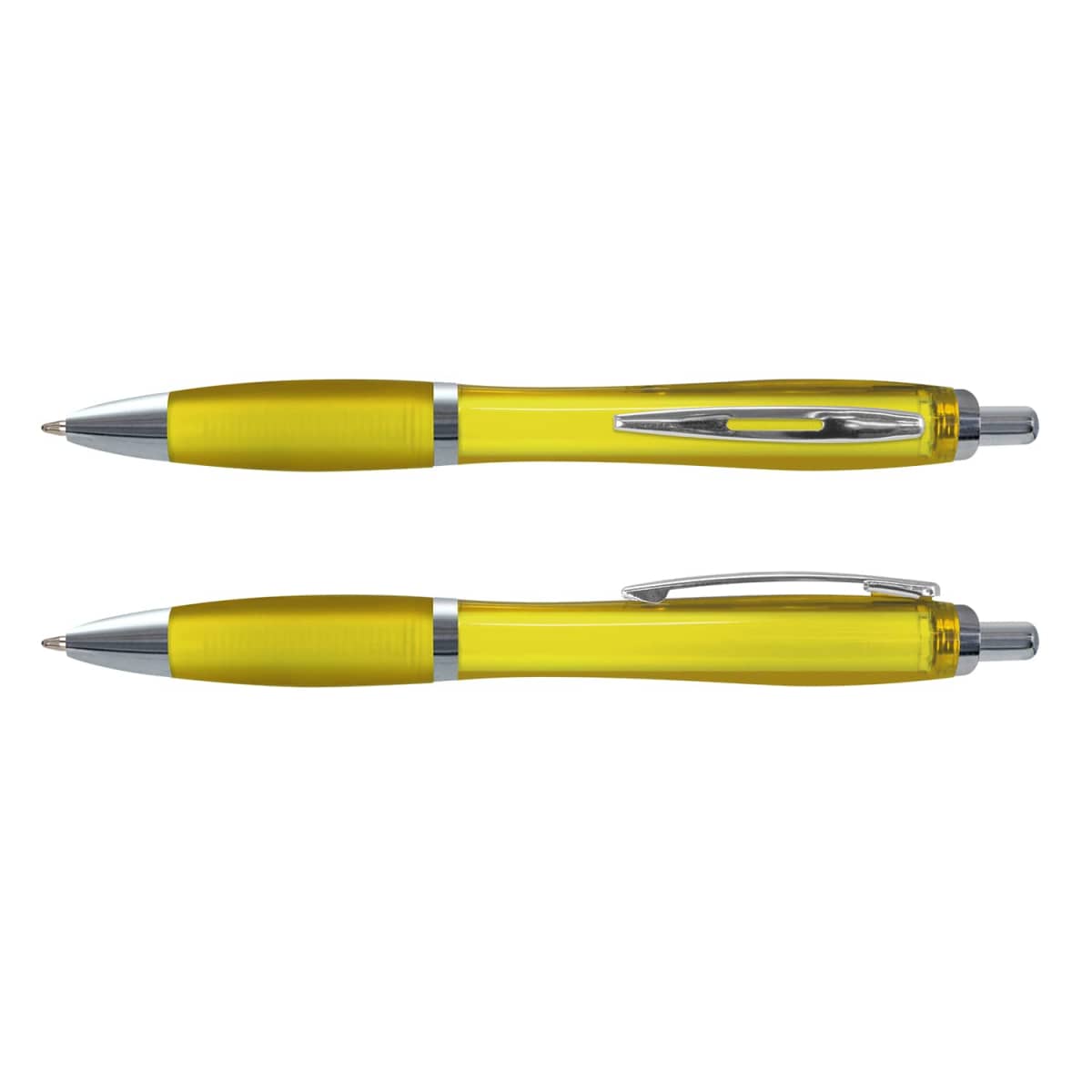 Two yellow Vistro Pen - Translucent pens with silver accents, shown from side and top views.