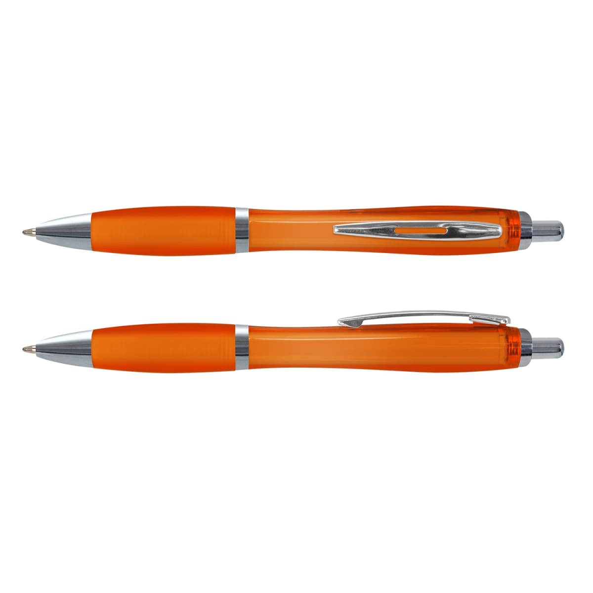 Two orange Vistro Pen - Translucent pens with silver accents, shown from side and top views.