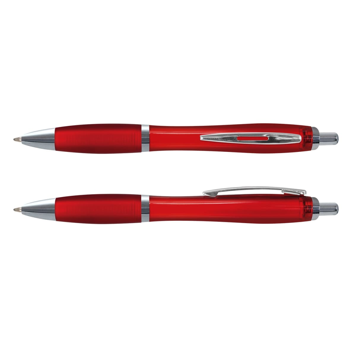 Two red Vistro Pen - Translucent pens with silver clips shown from different angles.