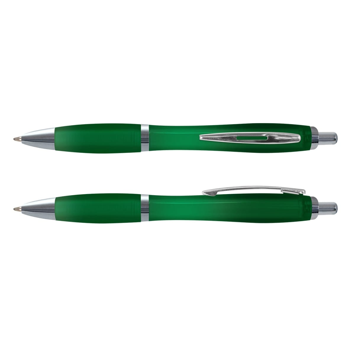 Two green Vistro Pen - Translucent with silver accents, shown from different angles.