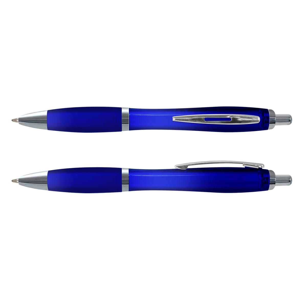 Two blue Vistro Pen - Translucent pens with silver accents, shown from top and side views.