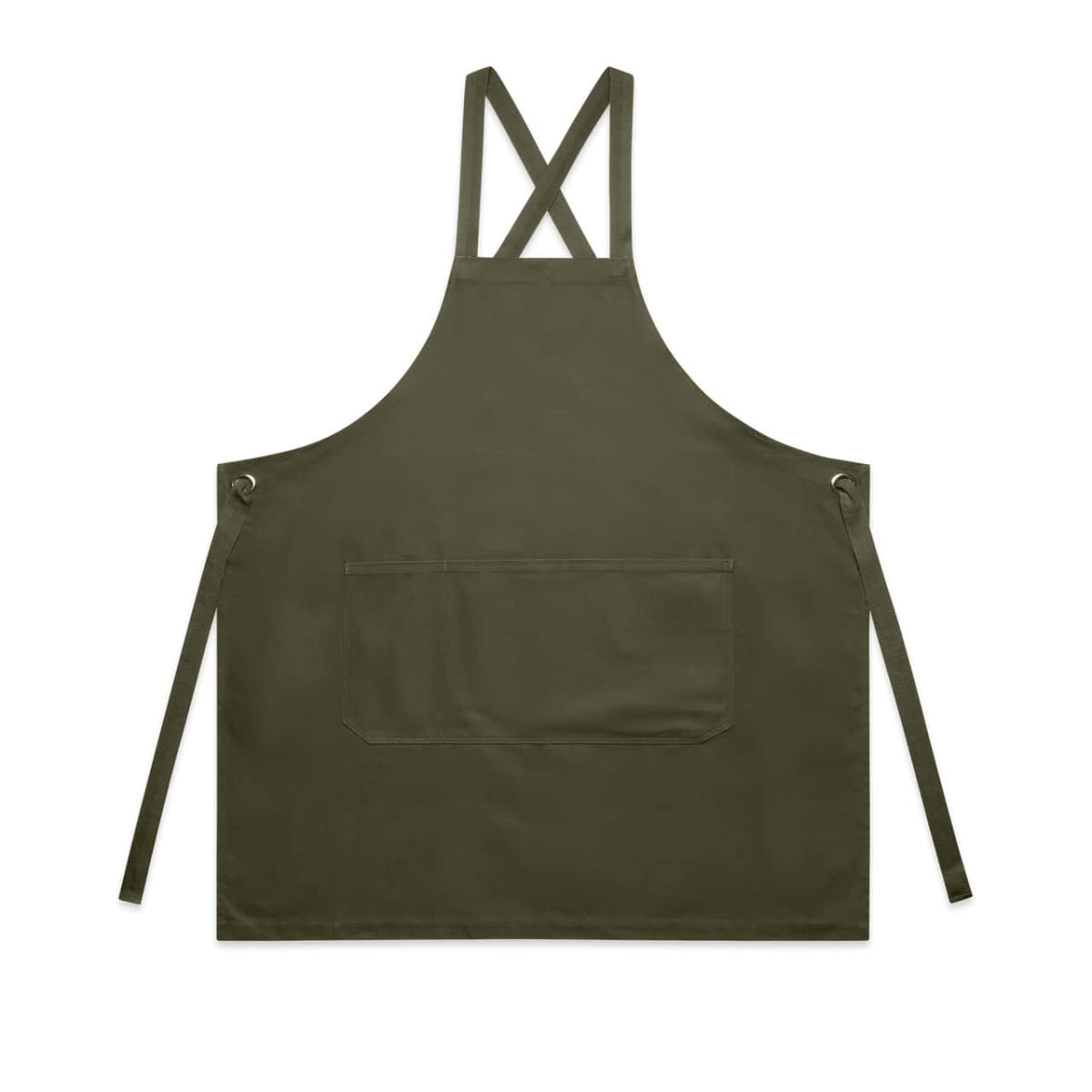 Dark green apron with front pocket and cross-back straps, laid flat on a white background.
