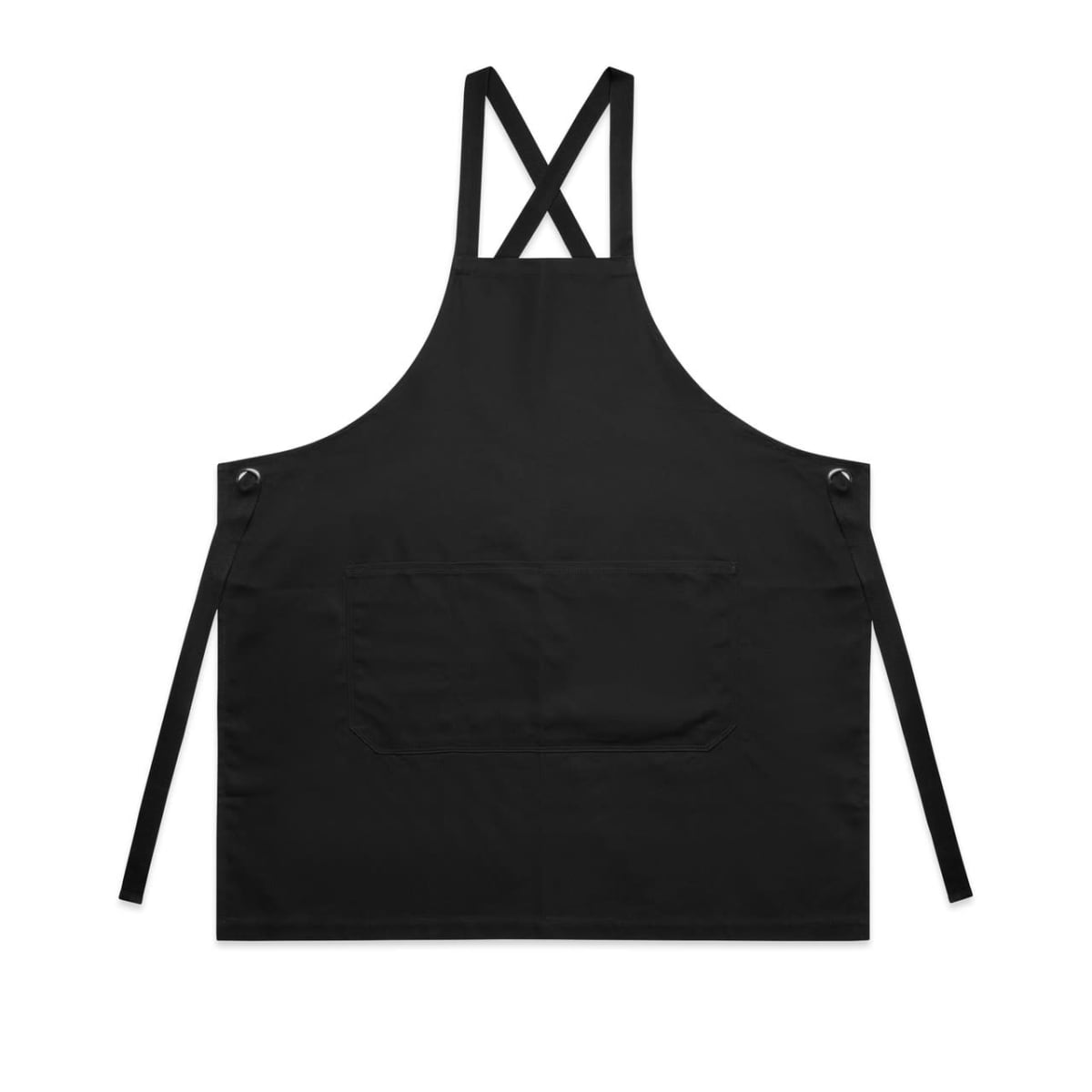 Black apron with front pocket and crisscross straps, displayed on a white background.
