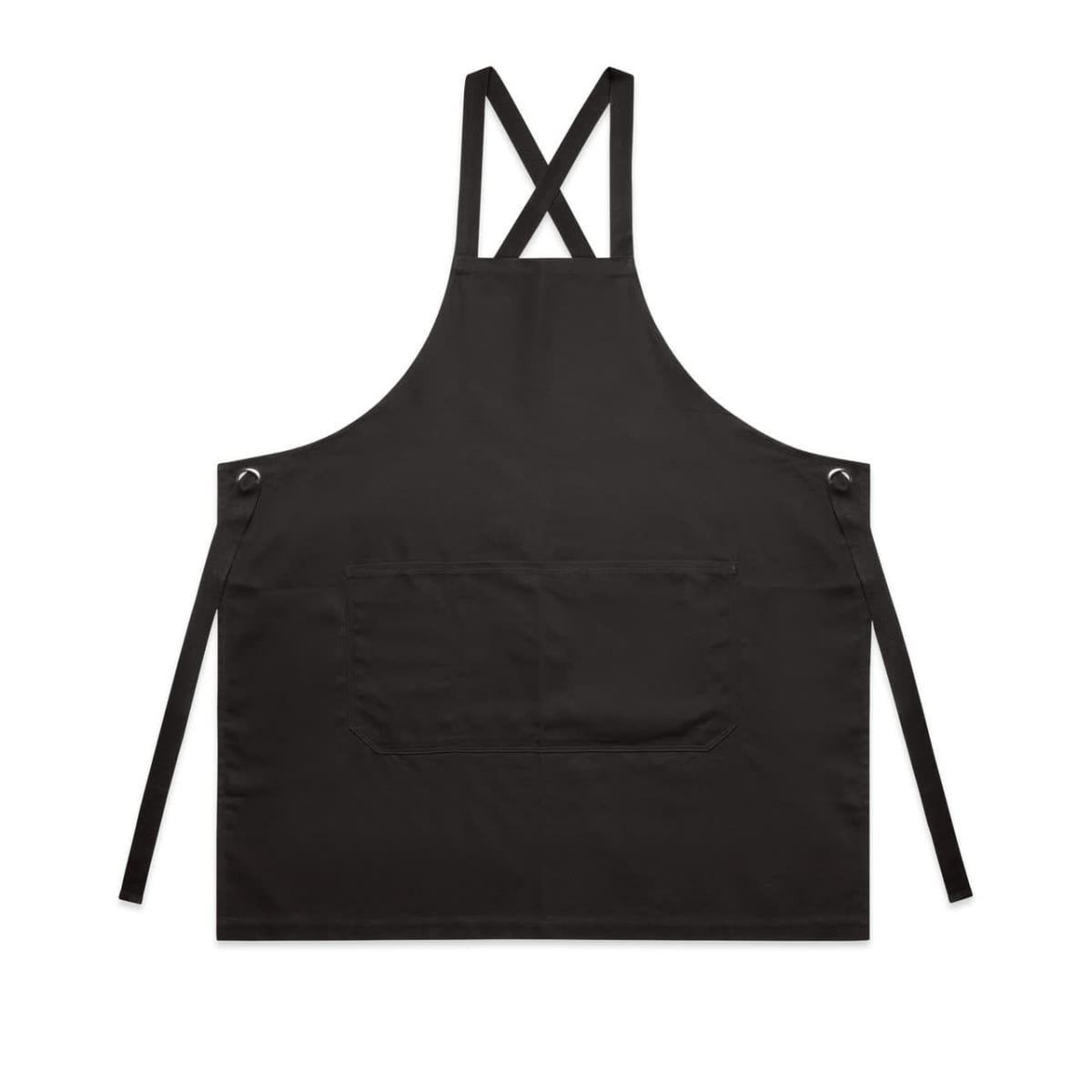 Black apron with front pockets and crisscross straps, lying flat on a white background.