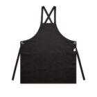 Black apron with cross-back straps and front pockets, displayed on a white background.