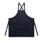 A plain black apron with front pockets and cross-back straps, laid flat on a white background.