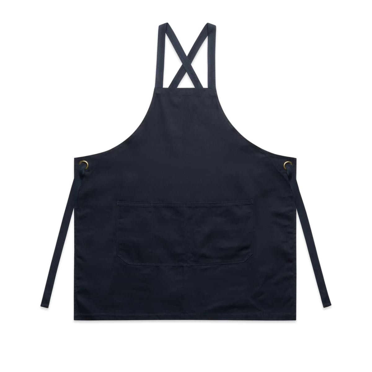 Dark blue apron with front pocket and cross-back straps, laid flat on a white background.