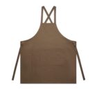 Brown apron with front pocket and cross-back straps, laid flat on a white background.