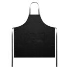 Black kitchen apron with neck loop, waist ties, and a large front pocket, laid flat.