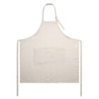 Beige apron with a front pocket and adjustable neck strap, laid flat on a white background.