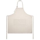 Beige kitchen apron with a neck strap, long waist ties, and a front pocket.